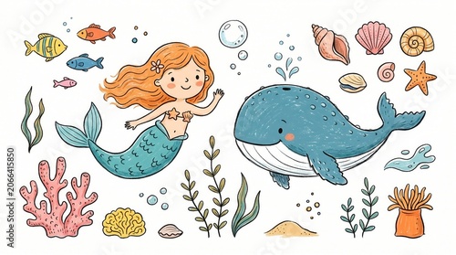 Cute mermaid waving near a spouting blue whale and many sea creatures on white background