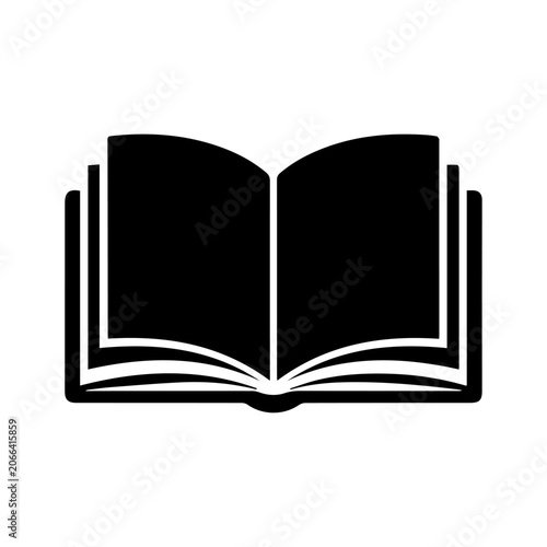 Minimalist open book icon, black silhouette of a textbook with turning pages, flat vector illustration for education and reading concepts