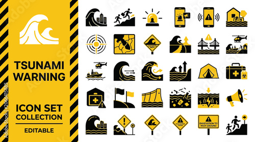 Tsunami warning and natural disaster emergency icons collection