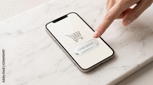 A hand taps a smartphone screen displaying a shopping cart icon and a checkout button on a marble surface to represent modern digital commerce concepts