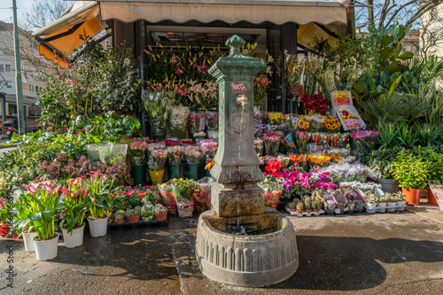 Milan flower kiosk with public drinking fountain

Description
Colorful flower kiosk in Milan with a traditional green public drinking fountain, potted plants, bouquets and sunny street market atmosphe