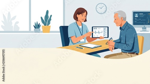 Elderly woman using a digital cardiac health wearable smartwatch for heart monitoring in a modern telehealth clinic