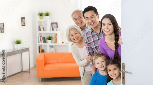 Happy multi-generational family with grandparents, parents, and children peeking from behind an open white door in a bright modern home interior, smiling cheerfully