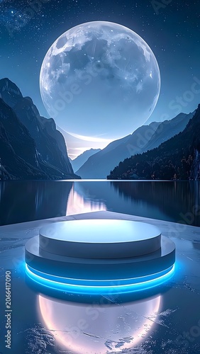 A serene nighttime scene with a glowing platform by a lake