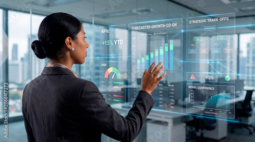 Executive assessing quarterly growth forecasts and risk models