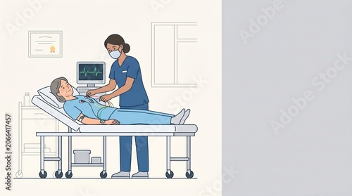 Nurse Performing Electrocardiogram on Patient in Hospital Room Clinical Cardiology Examination, High-Resolution Medical Stock Photo