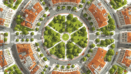 aerial view of circular park surrounded by city buildings with trees and pathways street scene
