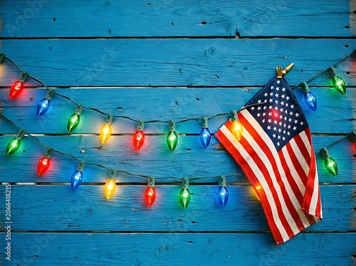 American flag hanging on blue wooden wall with colorful string lights