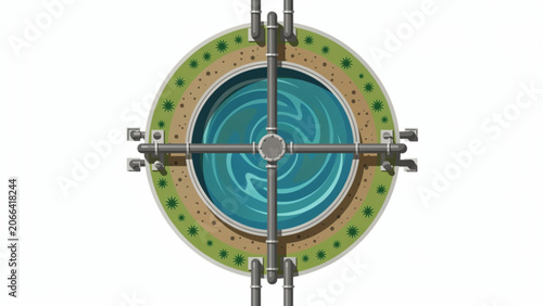 top view of a military drone target practice in green field with crop circles and metallic equipment