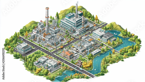 isometric view of large industrial factory with smokestacks and water bodies in bright colors