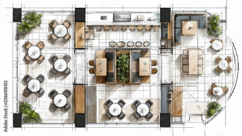 Modern indoor restaurant layout with wooden furniture neutral tones and greenery for dining space design