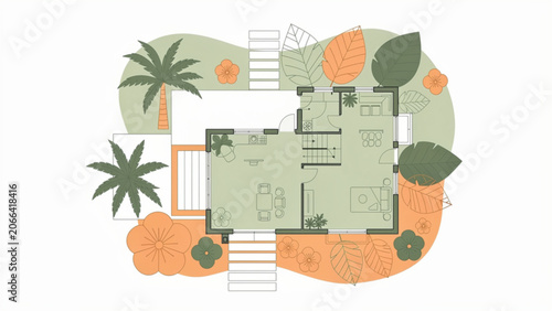 Modern house floor plan with outdoor garden and lush greenery in a top view