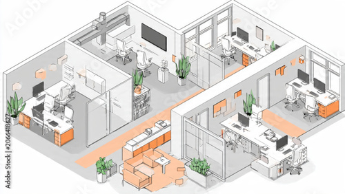 modern office interior with workstations meeting areas and collaborative zones in bright colors and contemporary design