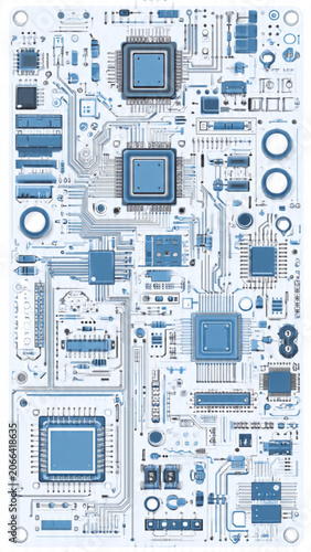 close up of computer motherboard with electronic components in blue and white color scheme for technology and electronics concepts