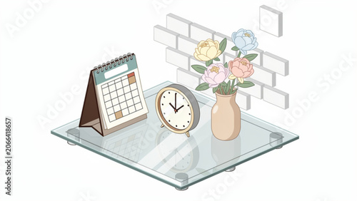 Glass desk with flower vase calendar and clock in modern workspace scene