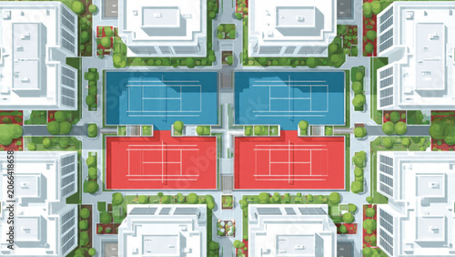 Top view of colorful tennis courts surrounded by modern apartment buildings and green trees
