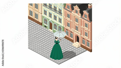 isometric illustration of woman holding umbrella in street scene with colorful buildings