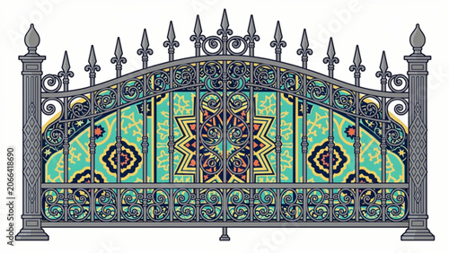 Ornate decorative wrought iron gate with colorful mosaic tiles and intricate patterns for architectural design