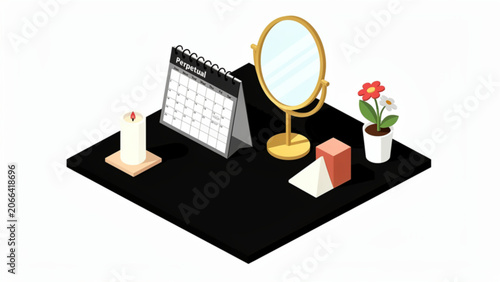 personalized desk setup with mirror calendar candle flower and decor items in flat style