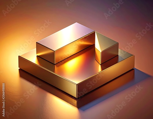 A stack of shiny golden bars on a reflective surface