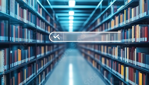 Futuristic digital search bar interface overlays rows of books in library aisle with blue light.
