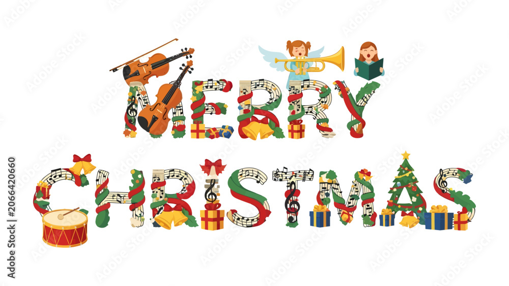 Fototapeta premium Christmas Caroling Letters: Festive typography spelling Merry Christmas adorned with musical notes, holiday gifts, a drum, and angelic figures, embodying the spirit of the season.