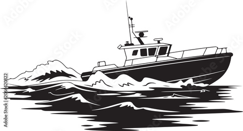 Small boat sailing on wavy ocean near island