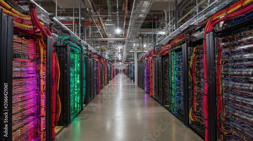 Interior view of advanced supercomputing center in texas featuring high performance server racks, glowing network infrastructure, and engineers monitoring complex computing systems in a modern high te
