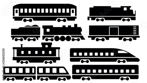 Cuadro en lienzo Collection of train silhouettes including steam locomotive, passenger cars, and modern bullet train