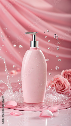 Luxury Shampoo Bottle Emerging from Water Splash with Premium Hair Care