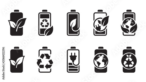Green energy battery icons set, eco friendly power source vector symbols, recycling and renewable electricity signs in black and white