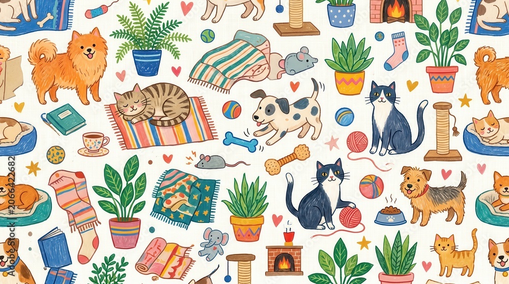 Fototapeta premium Various dogs and cats sleeping, playing, and relaxing with toys, beds, plants, and cozy items