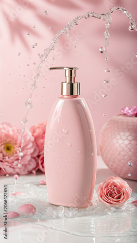 Luxury Shampoo Bottle Emerging from Water Splash with Premium Hair Care