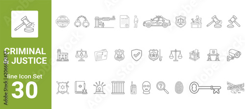Schilderij op canvas Criminal justice line icons set featuring law enforcement and legal system