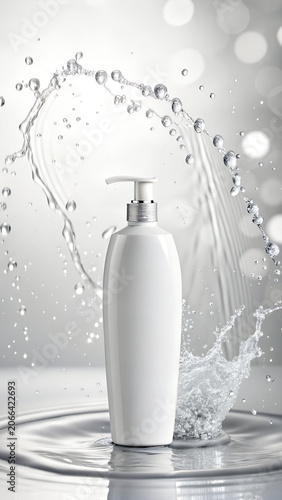 Luxury Shampoo Bottle Emerging from Water Splash with Premium Hair Care