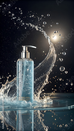 Luxury Shampoo Bottle Emerging from Water Splash with Premium Hair Care