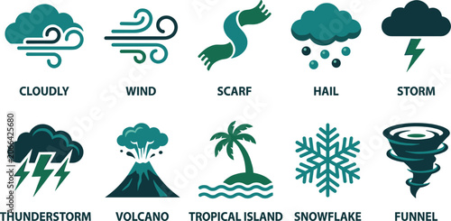 Quadro su tela Set of weather icons collection showing various natural phenomena and environmental elements for forecasting