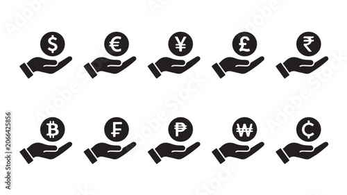 Currency icons, hand holding money symbols, financial signs, 10 global currencies