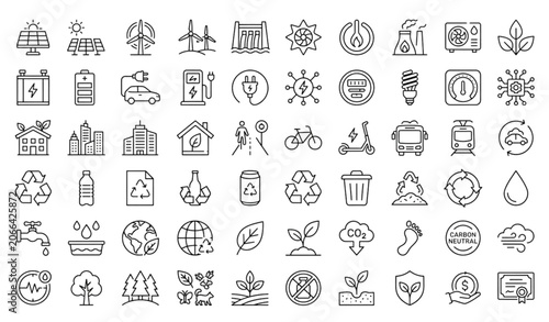 Ecology Outline Icon Set with Renewable Energy Green Technology and Environmental Sustainability Symbols