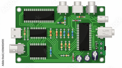 green electronic circuit board with microchips capacitors and resistors for technology development and innovation