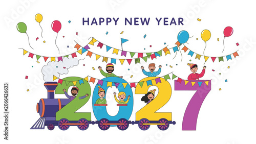 Foto Happy New Year 2027 Celebration Train: A whimsical train adorned with festive banners and balloons carries joyful children