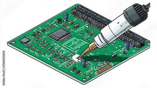 Close up of circuit board with soldering iron and electronic components in green color