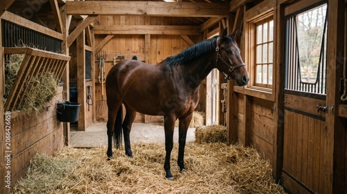 Horse Standing in Clean Stable with Soft Window Light and Rustic Wooden Interior