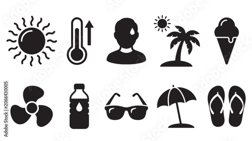 Summer vacation icons, black silhouette symbols, heatwave and beach elements, 10 graphic signs