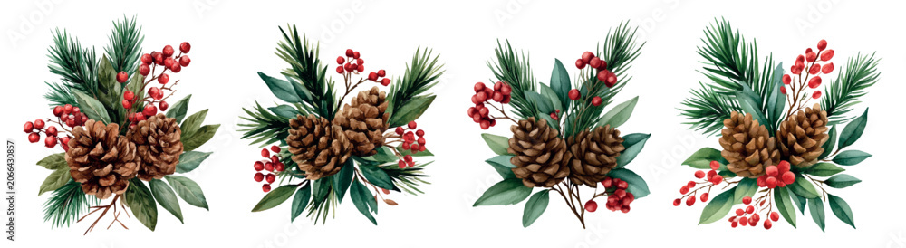 Fototapeta premium Watercolor christmas bouquets with pine cones, red berries and evergreen branches, depicting festive winter decorative elements and holiday season themes