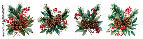 Foto Watercolor christmas bouquets with pine cones, red berries and evergreen branche