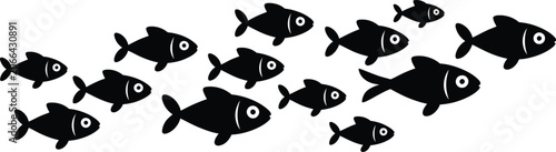 Obraz na płótnie A School of Silhouetted Black Fish Swimming Together on a White Background under