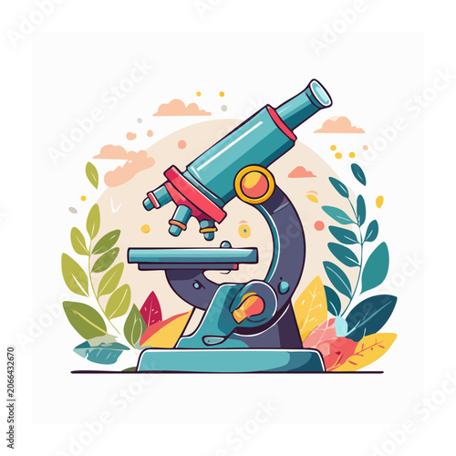 Flat design illustration of a colorful microscope with leaves and