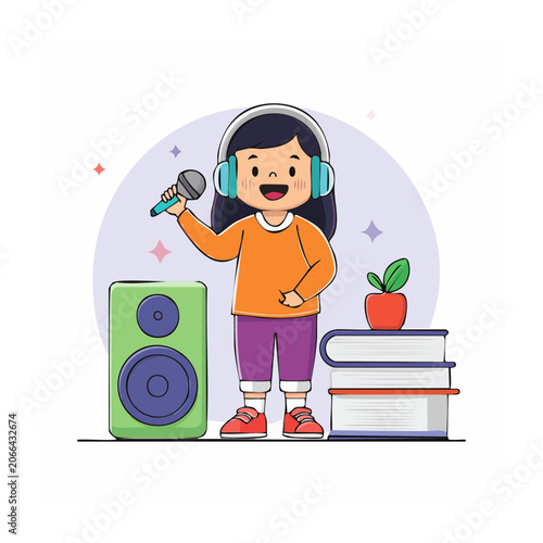 Girl singing with headphones, microphone, speaker, and books