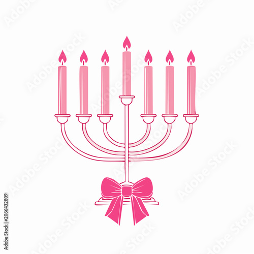 Pink Menorah with Seven Lit Candles and Bow
